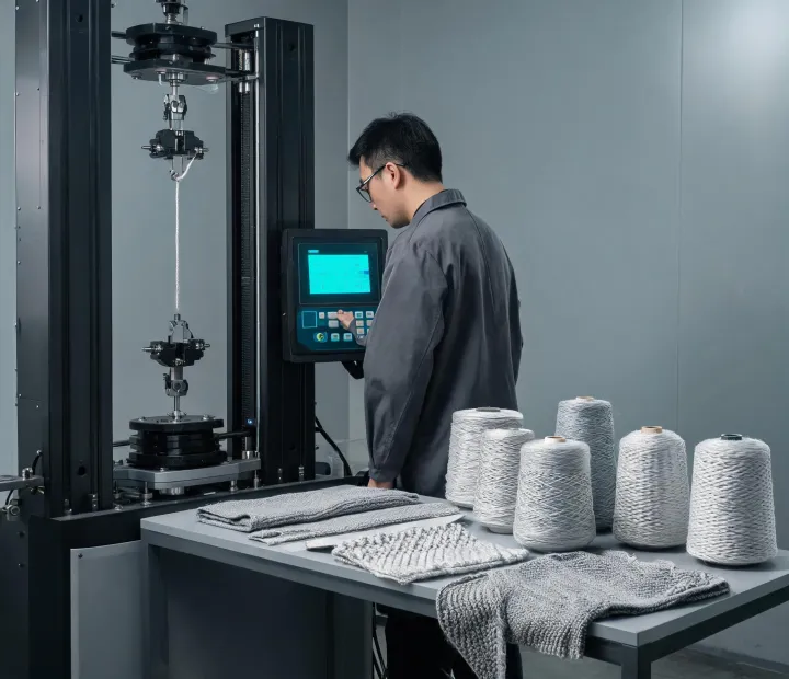 Technician reviewing stretch textile test data